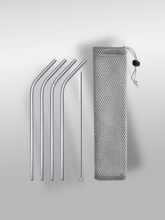 Lot de 4 pailles coudées en inox avec goupillon et pochette