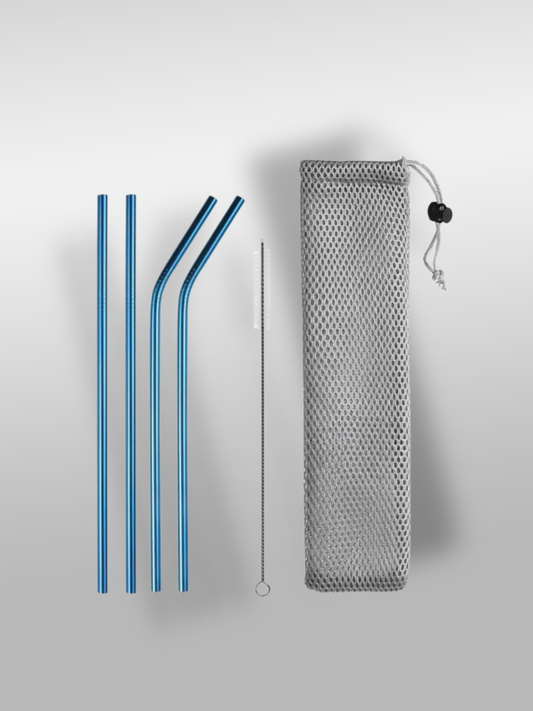 Lot de 4 pailles en inox bleu avec goupillon et pochette